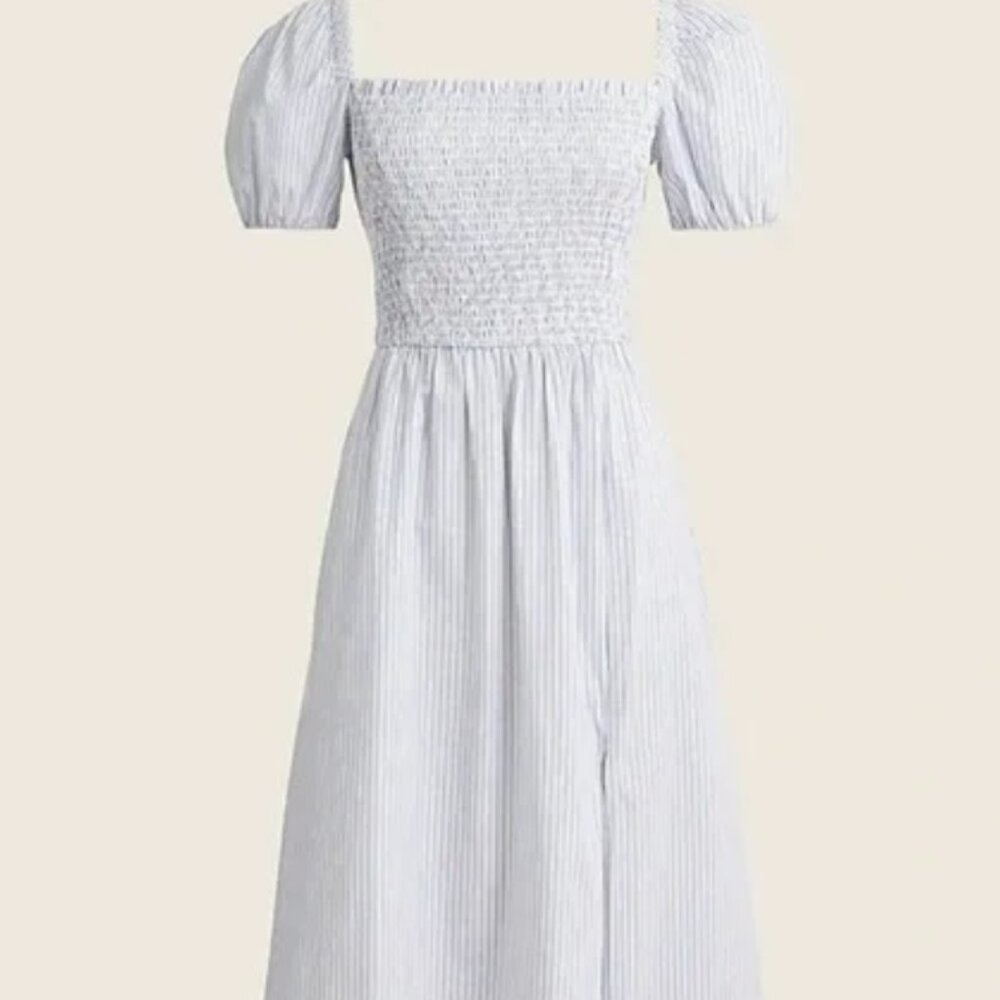 J. Crew Puff Sleeve Smocked Dress in Stripes with Slit and Pockets